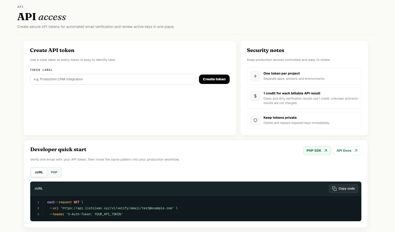 Email verification API dashboard